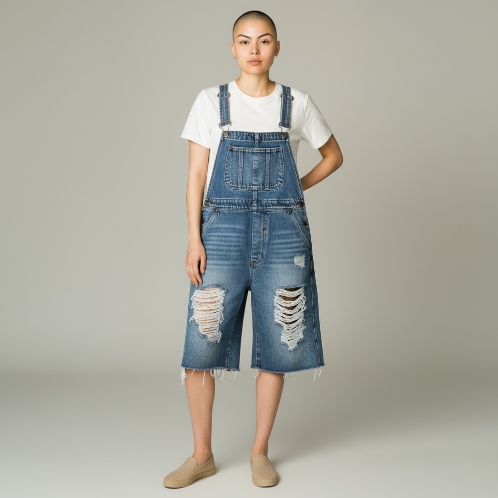 Bella Boutique Washed Denim Loose Fit Distressed Denim Overalls EUC XL Grunge